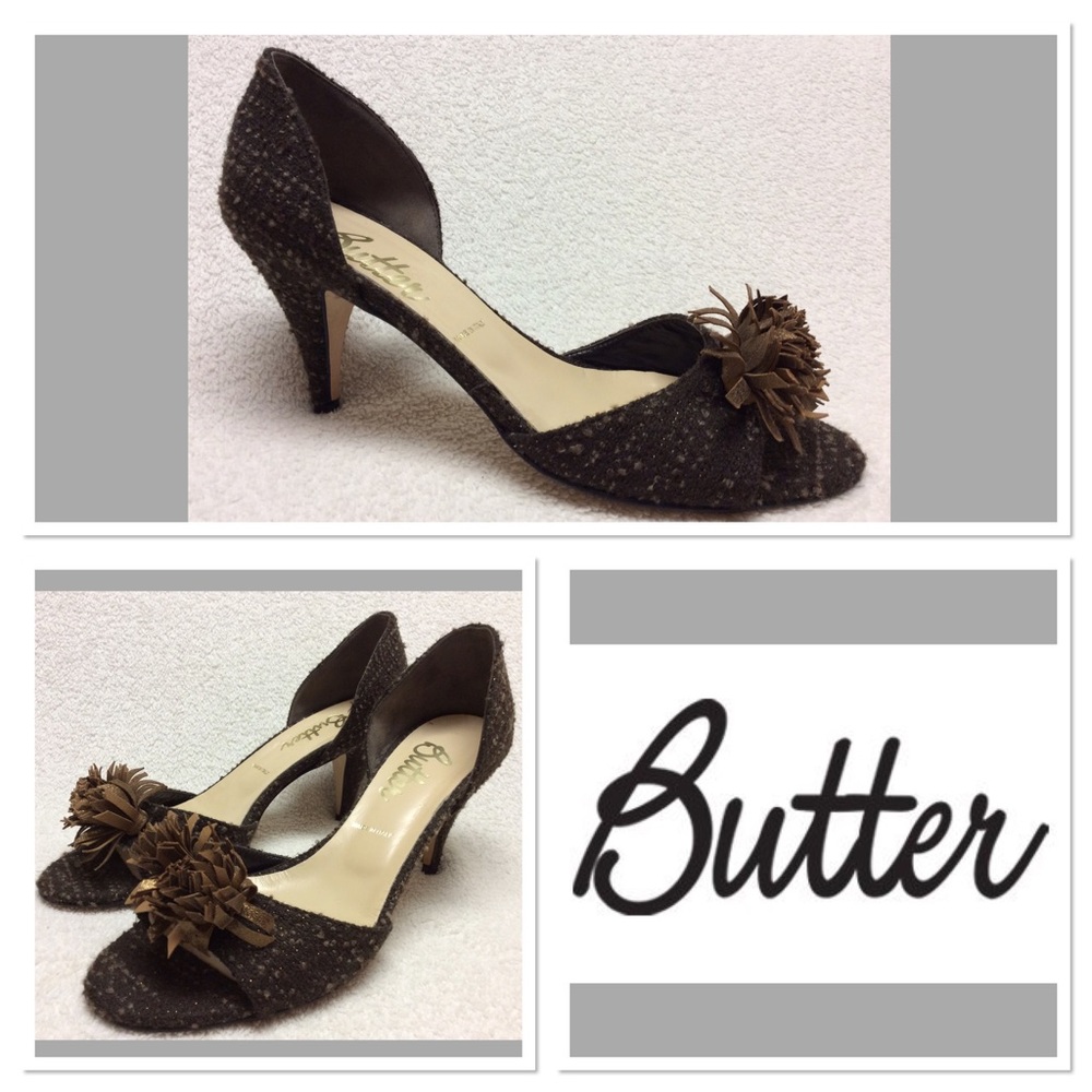 Butter Dark Brown Textured Heels with Floral Detail